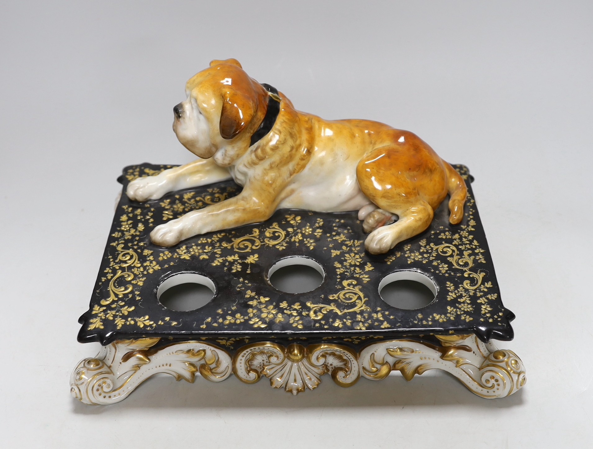 A Jacob Petit St. Bernard inkstand and a signed painted plaque, inkstand 27cm wide